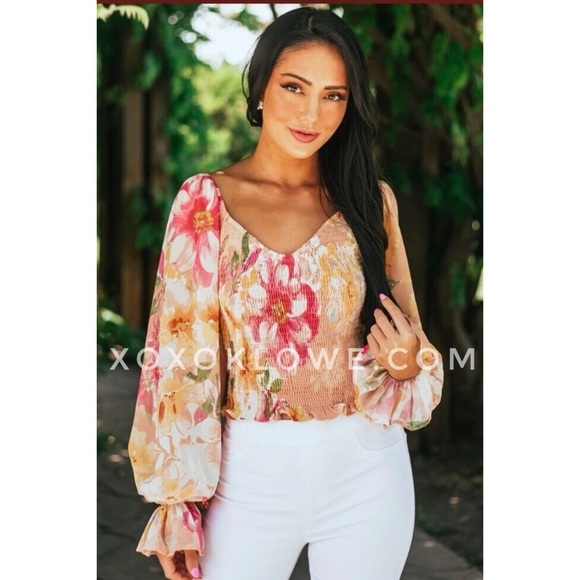 Pink & Yellow Floral Smocked Bubble Sleeve Blouse - Picture 11 of 16